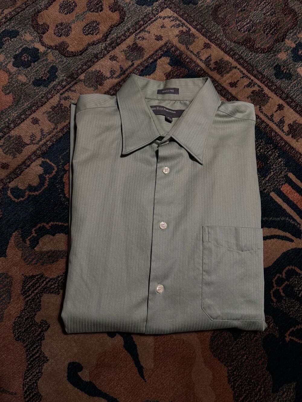 Perry Ellis Portfolio Men's Green Wrinkle Free Striped Long Sleeve Dress Shirt L